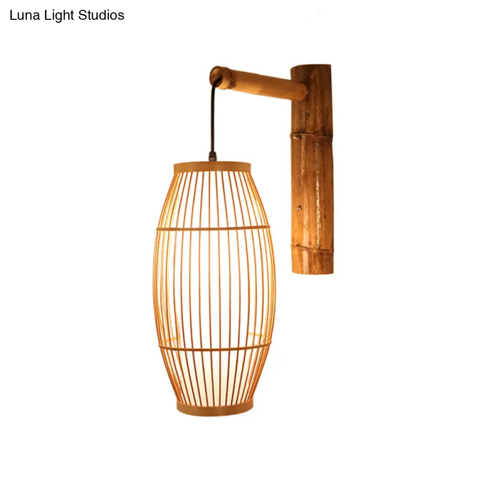 Minimalist Bamboo Wall Light: 1-Head Wood Fixture For Restaurant Lighting