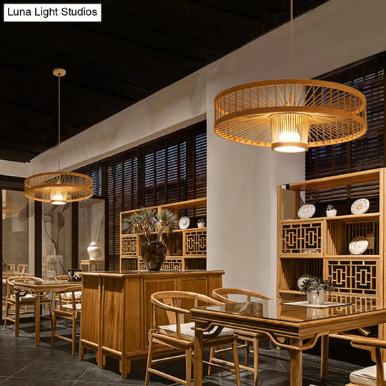 Woven Bamboo Hanging Lamp - Minimalist Suspension Lighting For Restaurants Wood / B