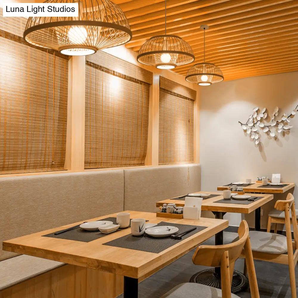 Minimalist Bamboo Woven Hanging Lamp For Restaurants - 1 Bulb Wood Suspension Lighting