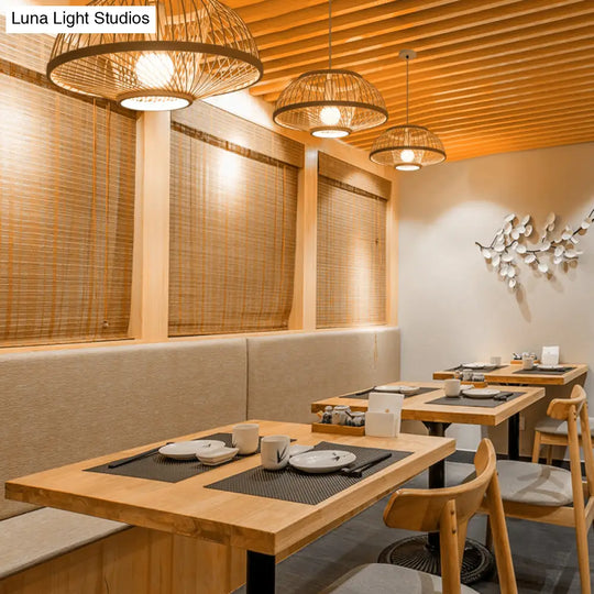 Minimalist Bamboo Woven Hanging Lamp For Restaurants - 1 Bulb Wood Suspension Lighting