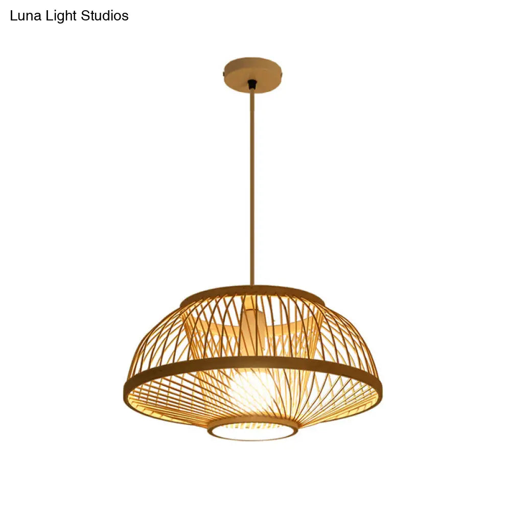 Minimalist Bamboo Woven Hanging Lamp For Restaurants - 1 Bulb Wood Suspension Lighting