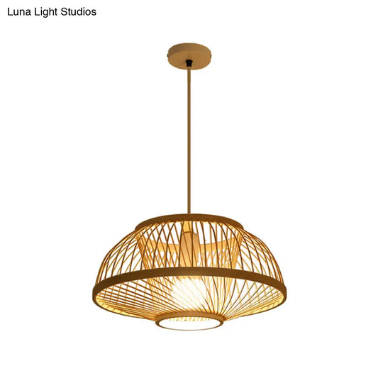 Minimalist Bamboo Woven Hanging Lamp For Restaurants - 1 Bulb Wood Suspension Lighting