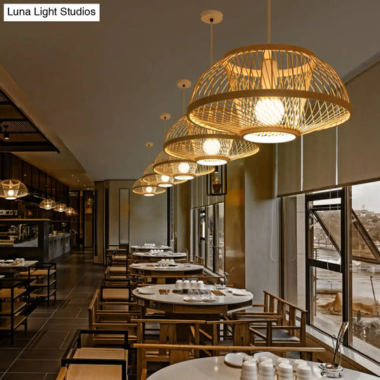 Minimalist Bamboo Woven Hanging Lamp For Restaurants - 1 Bulb Wood Suspension Lighting