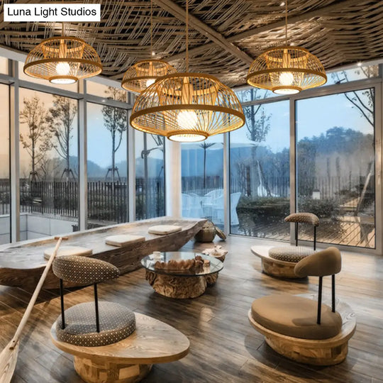 Woven Bamboo Hanging Lamp - Minimalist Suspension Lighting For Restaurants Wood / A