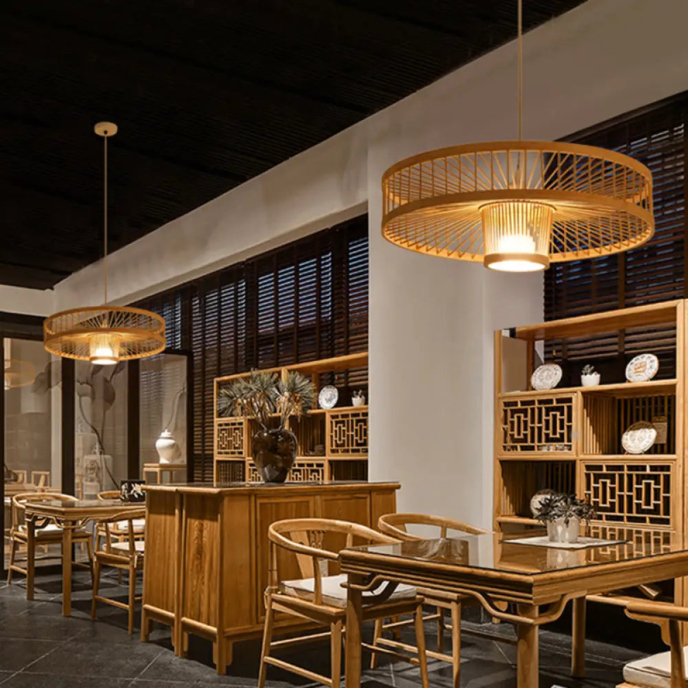 Minimalist Bamboo Woven Hanging Lamp For Restaurants - 1 Bulb Wood Suspension Lighting / B