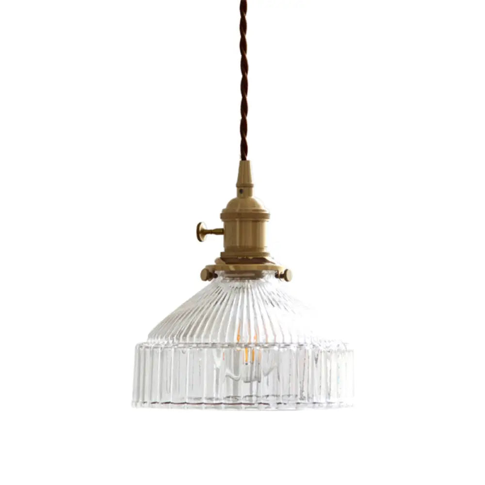 Minimalist Barn Shaped Glass Pendant Light With Clear Ribbed Design - Brass Suspension (1 Head)