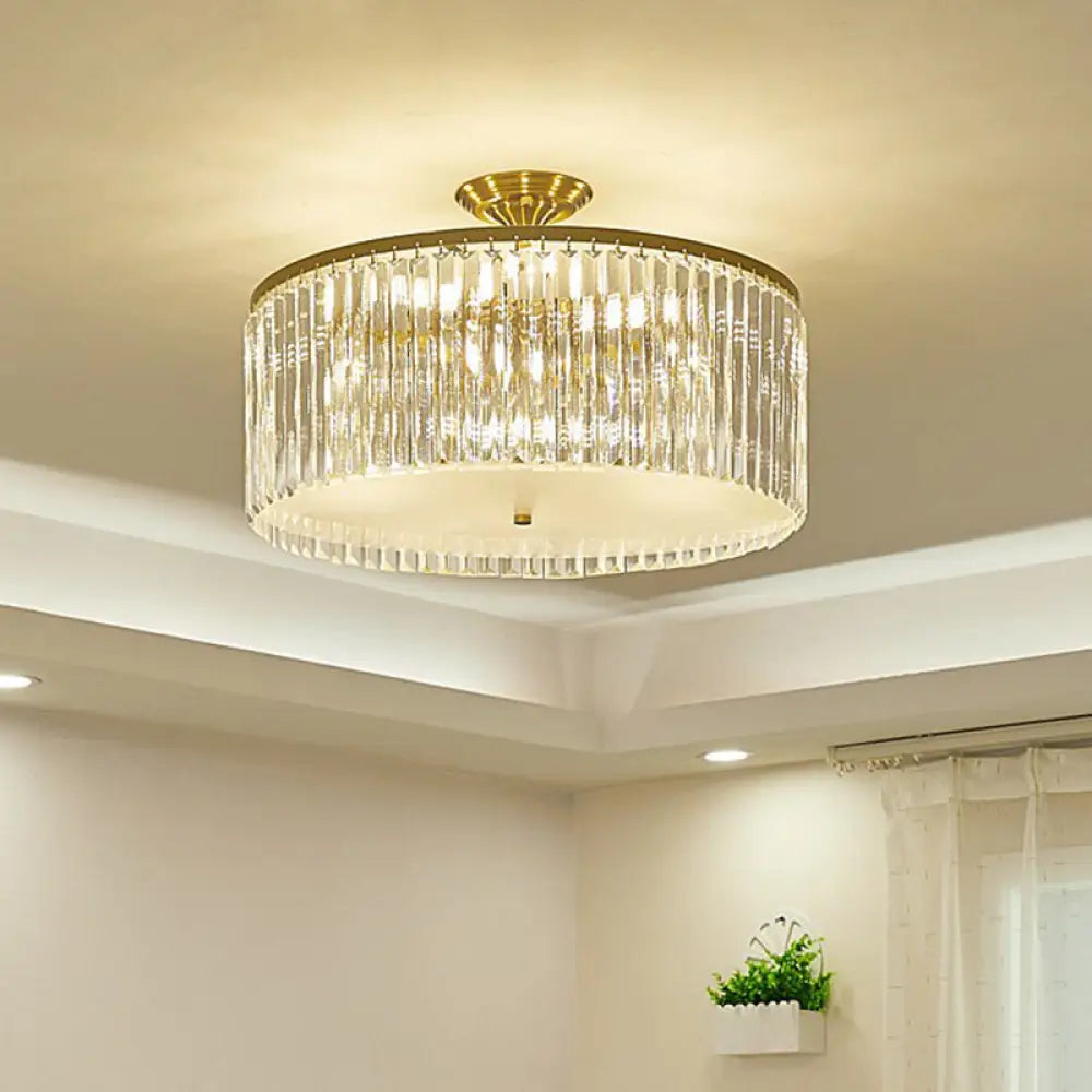 Minimalist Bedroom Sparkle: Clear Crystal Drum Semi-Flush Mount Ceiling Light With A Design / 15’