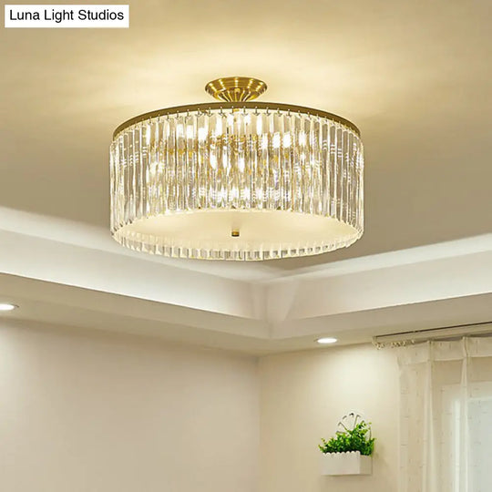 Minimalist Bedroom Sparkle: Clear Crystal Drum Semi-Flush Mount Ceiling Light With A Design