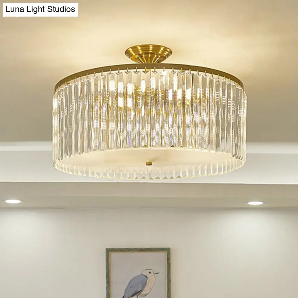 Minimalist Bedroom Sparkle: Clear Crystal Drum Semi-Flush Mount Ceiling Light With A Design