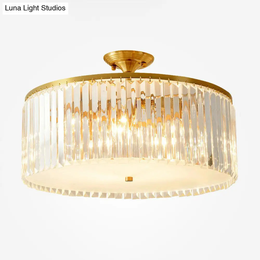 Minimalist Bedroom Sparkle: Clear Crystal Drum Semi-Flush Mount Ceiling Light With A Design