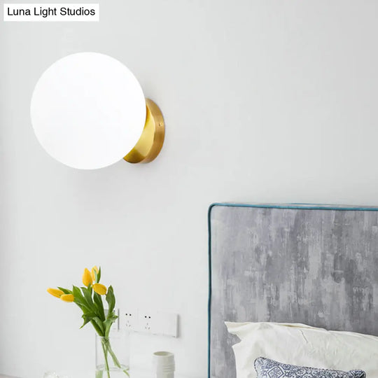 Minimalist Bedside Sconce Light With White Glass Ball And Gold Wall Mount