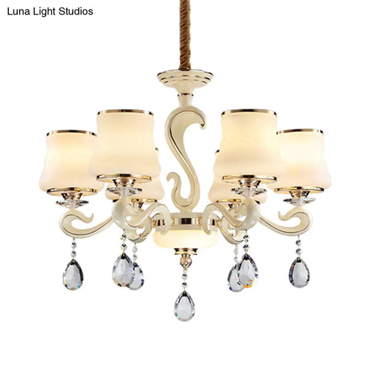 Beige 6-Light Ceiling Lamp - Minimalist Cream Glass Bell Crystal Chandelier Pendant