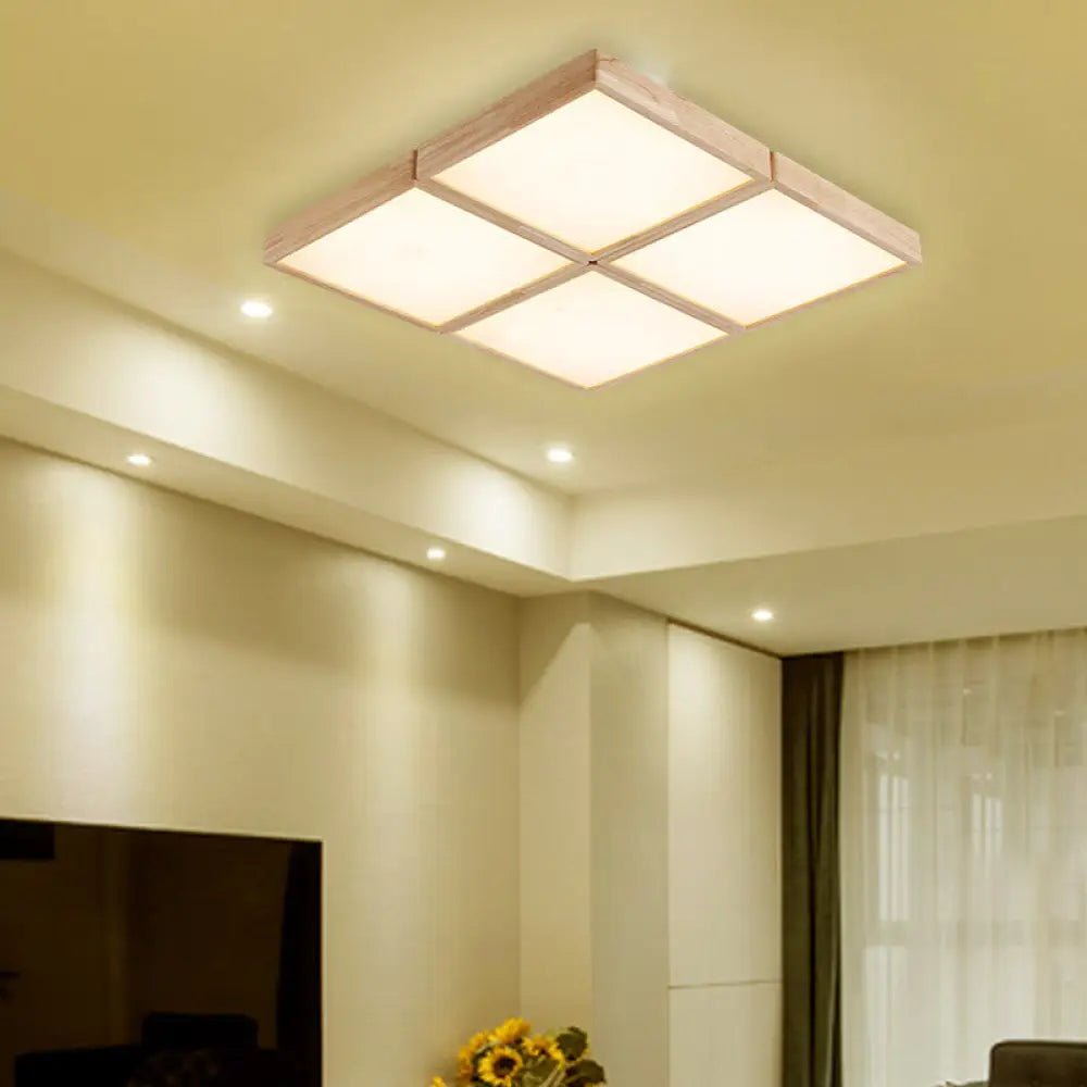 Minimalist Beige Geometric Flush Mount Ceiling Light With Acrylic Diffuser - 4/6 Lights 4 / Wood