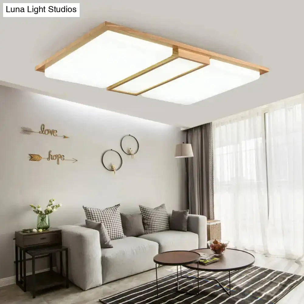 Minimalist Beige Led Flush Mount Ceiling Light With Spliced Wooden Rectangles For Living Room