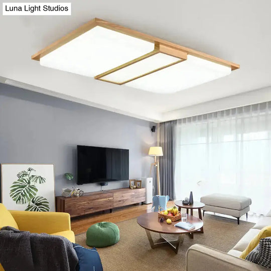 Minimalist Beige Led Flush Mount Ceiling Light With Spliced Wooden Rectangles For Living Room