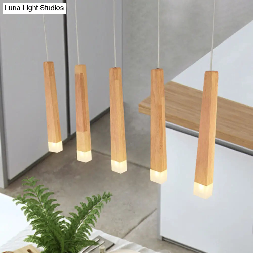 Minimalist Beige Suspension Light With Wood Shade - 3/5 Heads Dining Room Multi Pendant 5 /