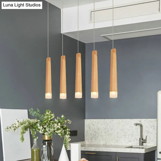 Minimalist Beige Suspension Light With Wood Shade - 3/5 Heads Dining Room Multi Pendant