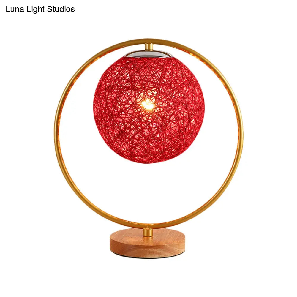 Minimalist Beige/Red Sphere Desk Lamp With Single Fabric Head And Round Frame Design