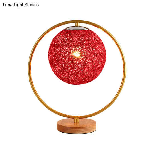 Minimalist Beige/Red Sphere Desk Lamp With Single Fabric Head And Round Frame Design