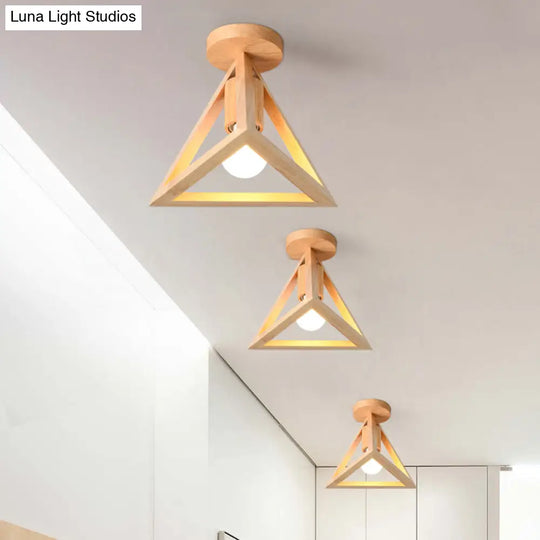 Minimalist Beige Semi Mount Ceiling Light With Pyramid Wood Cage