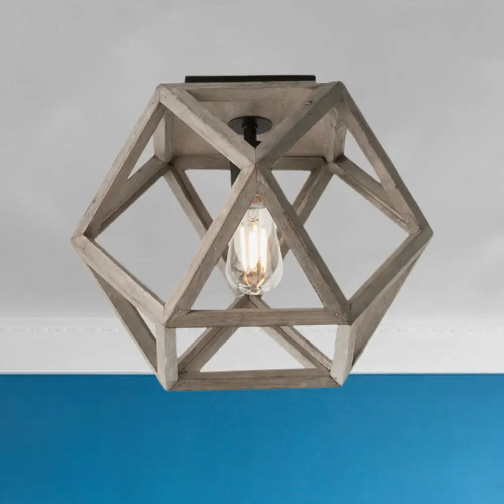 Minimalist Beige Wooden Ceiling Light With Candle - Like Bulb - Flush Mount Fixture Wood