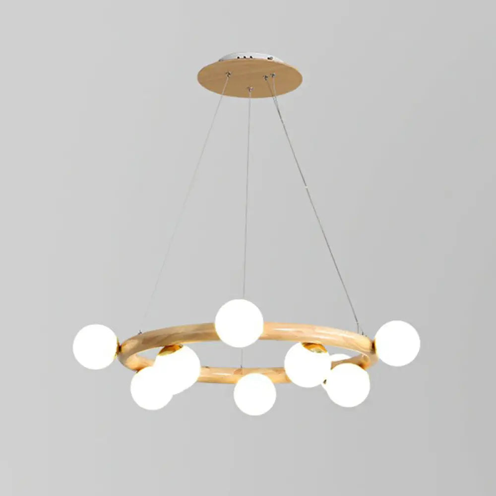 Minimalist Beige Wooden Pendant Chandelier With White Glass Orb Shade 10 / Wood