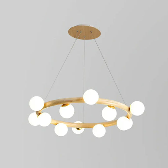 Minimalist Beige Wooden Pendant Chandelier With White Glass Orb Shade 12 / Wood