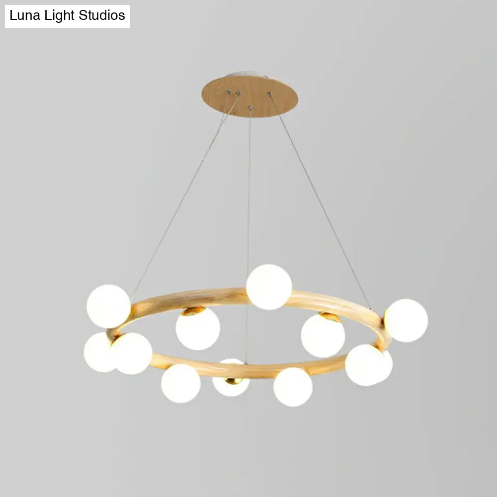 Minimalistic Circular Wood Pendant Chandelier With Beige Hanging Light And White Glass Orb Shade 12