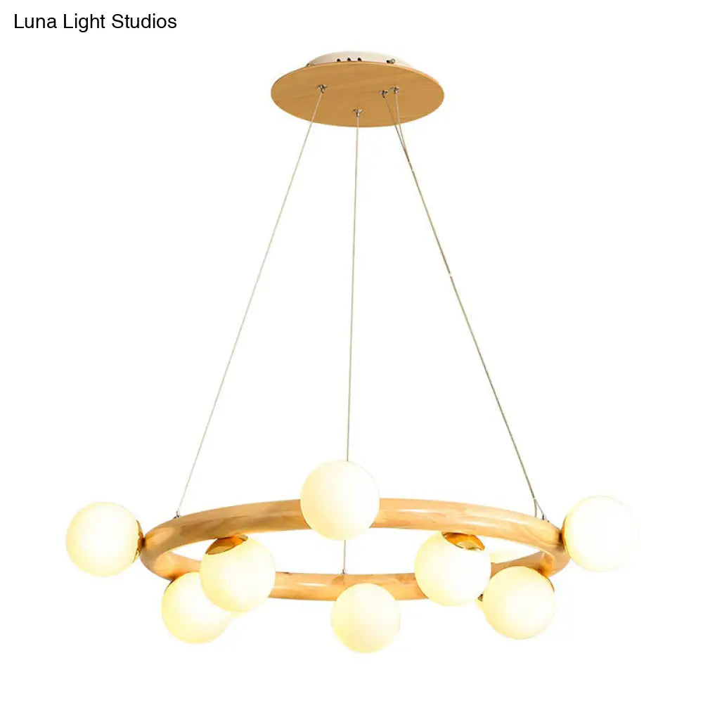 Minimalist Beige Wooden Pendant Chandelier With White Glass Orb Shade