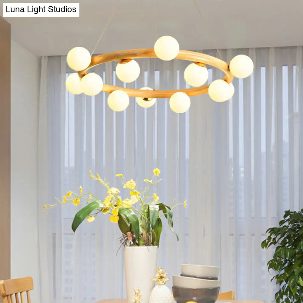 Minimalist Beige Wooden Pendant Chandelier With White Glass Orb Shade