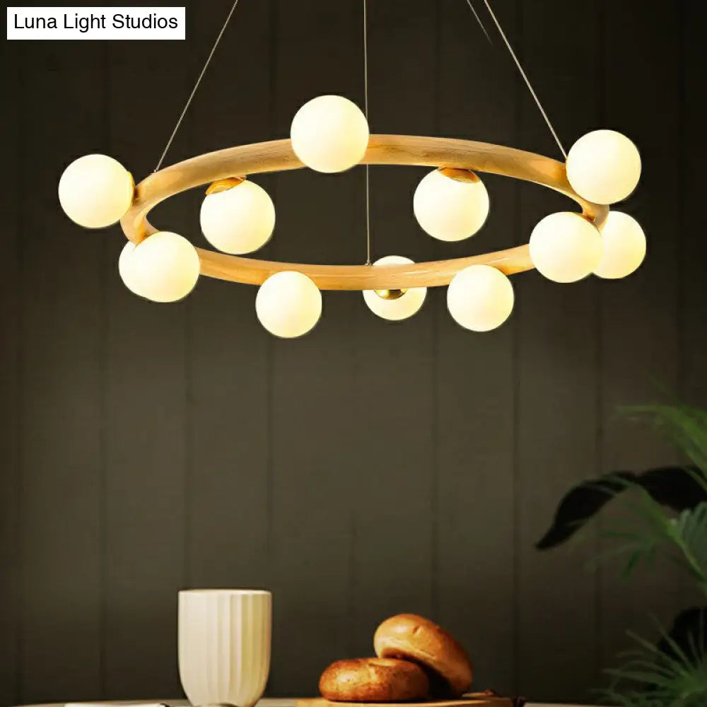 Minimalistic Circular Wood Pendant Chandelier With Beige Hanging Light And White Glass Orb Shade