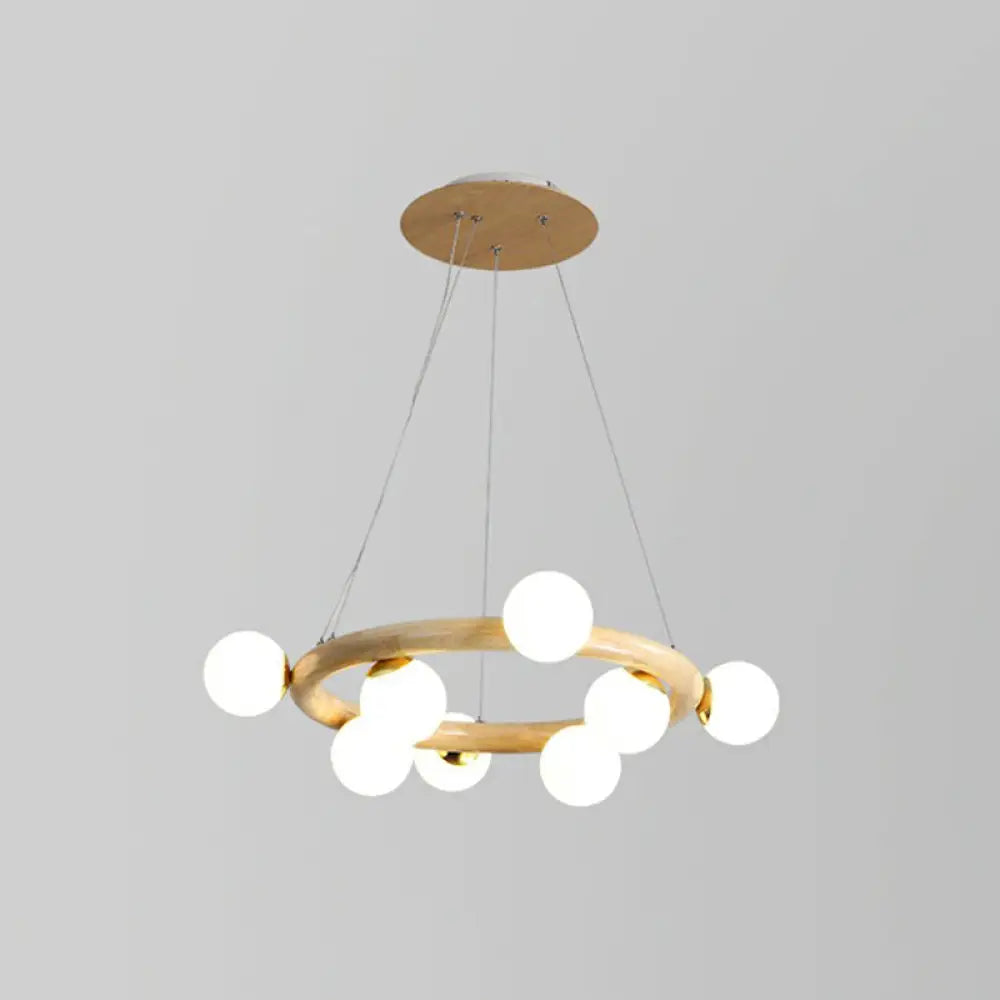 Minimalist Beige Wooden Pendant Chandelier With White Glass Orb Shade 8 / Wood