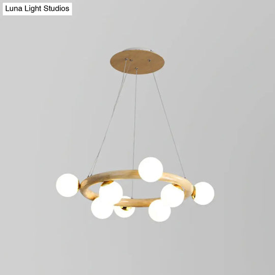 Minimalistic Circular Wood Pendant Chandelier With Beige Hanging Light And White Glass Orb Shade 8 /