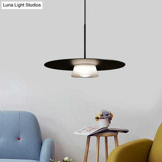 Minimalist Black And White Wide-Brim Hat Pendant Light - 1 Bulb Iron Ceiling Lamp For Dining Table