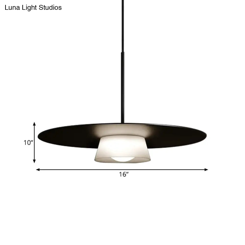 Minimalist Black And White Wide-Brim Hat Pendant Light - 1 Bulb Iron Ceiling Lamp For Dining Table