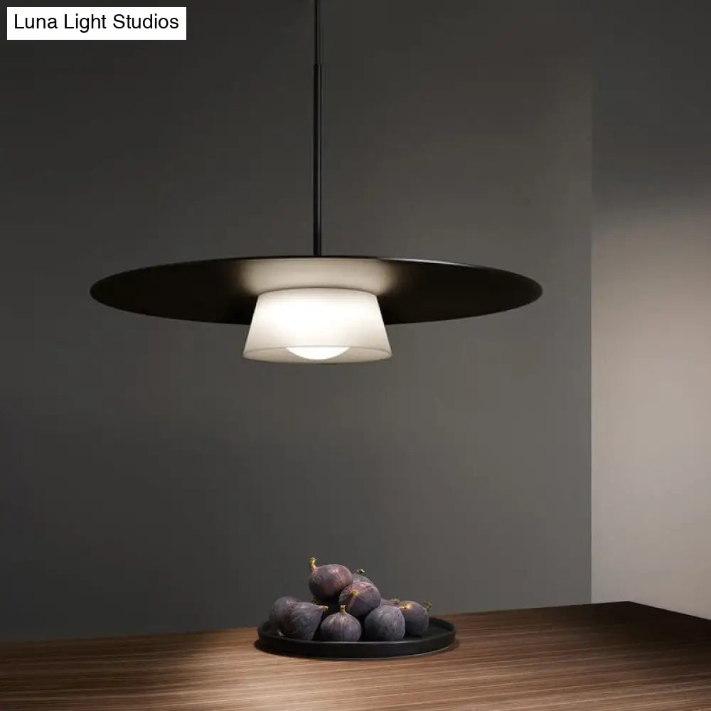 Minimalist Black And White Wide-Brim Hat Pendant Light - 1 Bulb Iron Ceiling Lamp For Dining Table