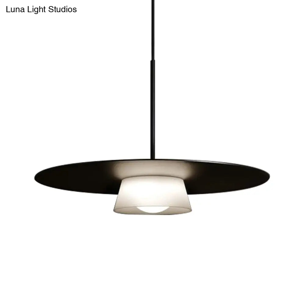 Minimalist Black And White Wide-Brim Hat Pendant Light - 1 Bulb Iron Ceiling Lamp For Dining Table