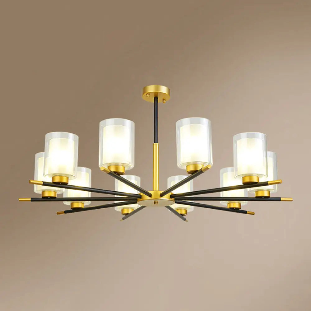 Minimalist Black-Brass Suspension Lamp: Clear + Frosted Cylinder Design For Dining Room Chandelier