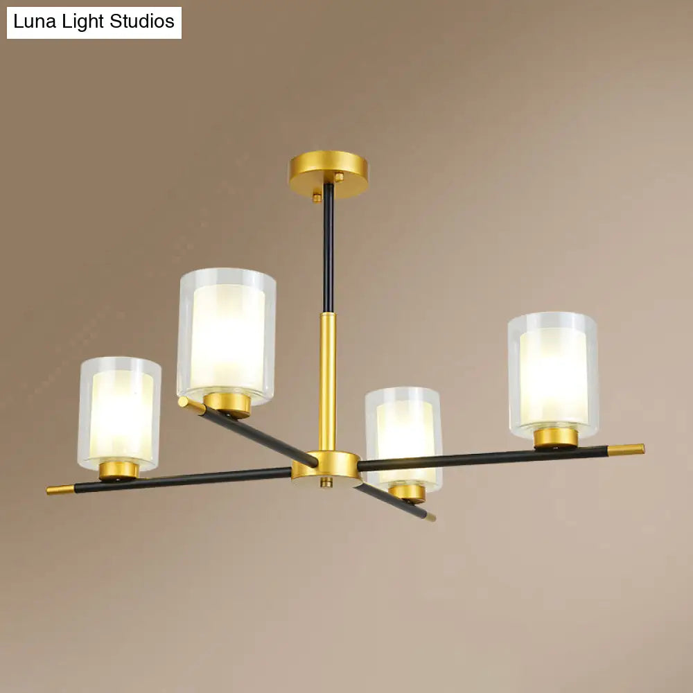 Minimalist Black-Brass Suspension Lamp: Clear + Frosted Cylinder Design For Dining Room Chandelier