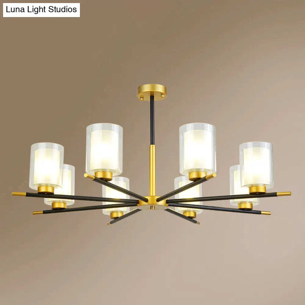 Minimalist Black-Brass Suspension Lamp: Clear + Frosted Cylinder Design For Dining Room Chandelier