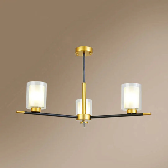 Minimalist Black-Brass Suspension Lamp: Clear + Frosted Cylinder Design For Dining Room Chandelier 3