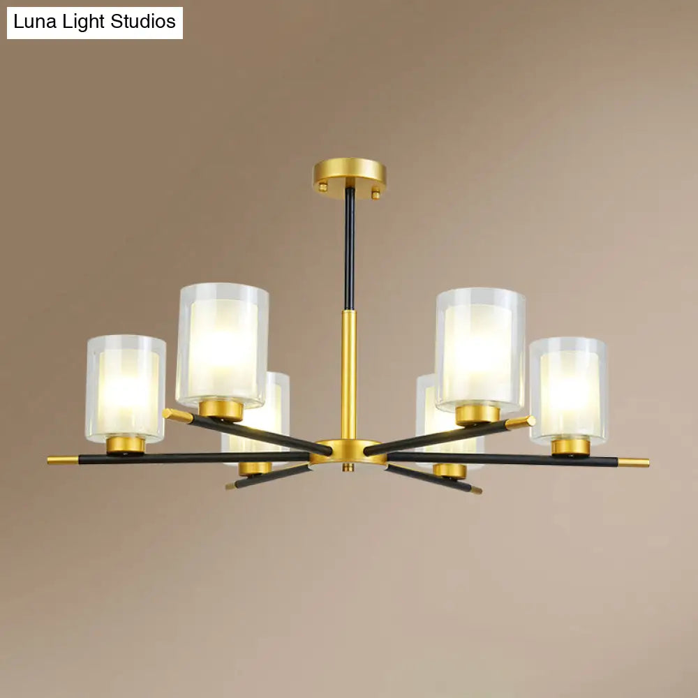 Minimalist Black-Brass Suspension Lamp: Clear + Frosted Cylinder Design For Dining Room Chandelier