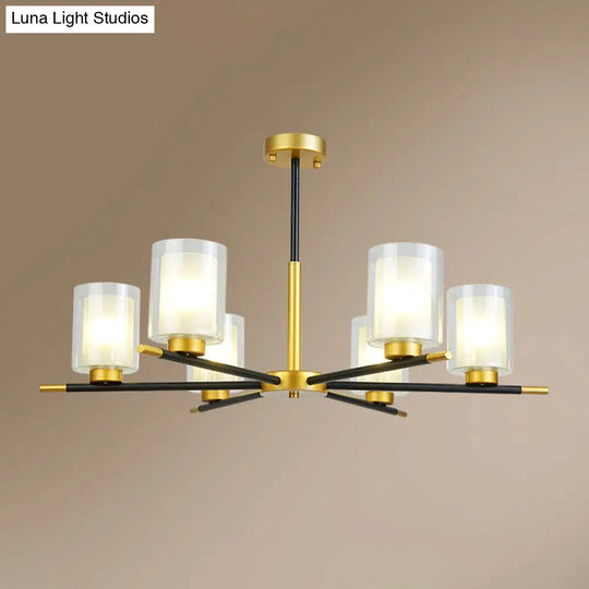 Minimalist Black-Brass Suspension Lamp: Clear + Frosted Cylinder Design For Dining Room Chandelier