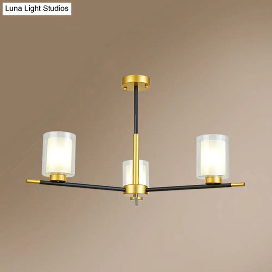 Minimalist Black-Brass Suspension Lamp: Clear + Frosted Cylinder Design For Dining Room Chandelier