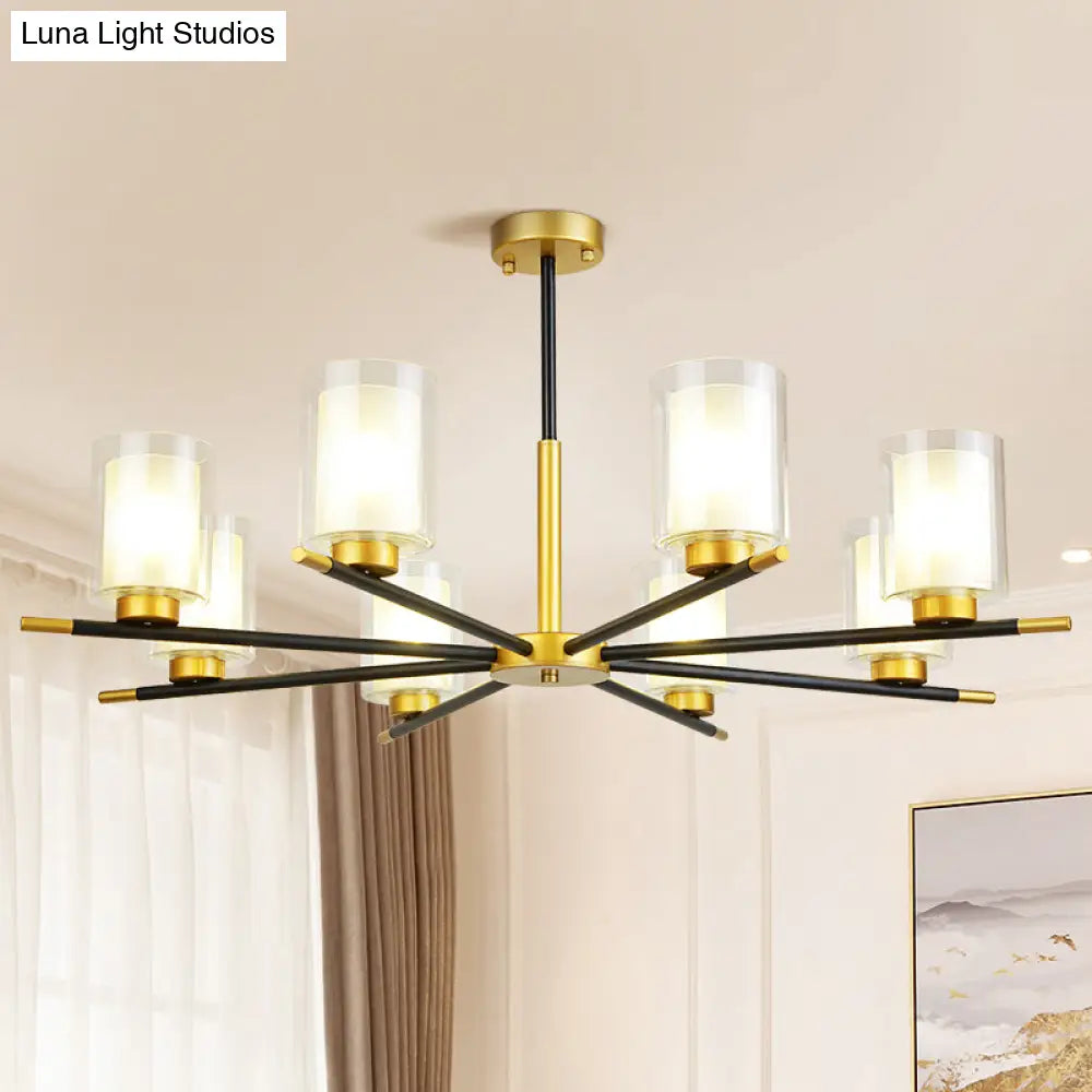 Minimalist Black-Brass Suspension Lamp: Clear + Frosted Cylinder Design For Dining Room Chandelier