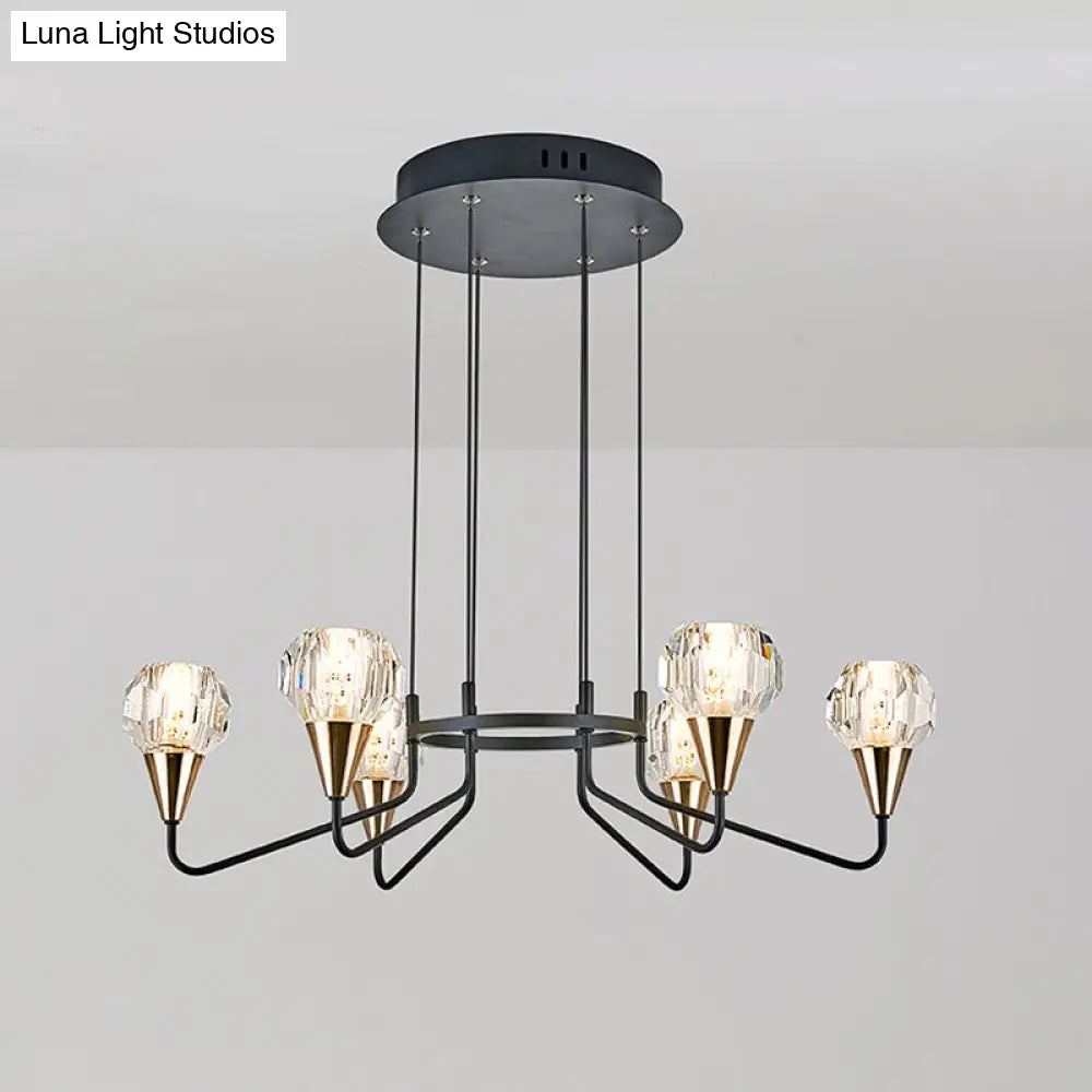 Minimalist Black Chandelier With Round Crystal Shade- 6/8 Bulbs Living Room Suspension Light