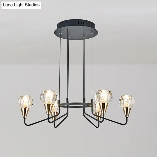 Minimalist Black Chandelier With Round Crystal Shade- 6/8 Bulbs Living Room Suspension Light