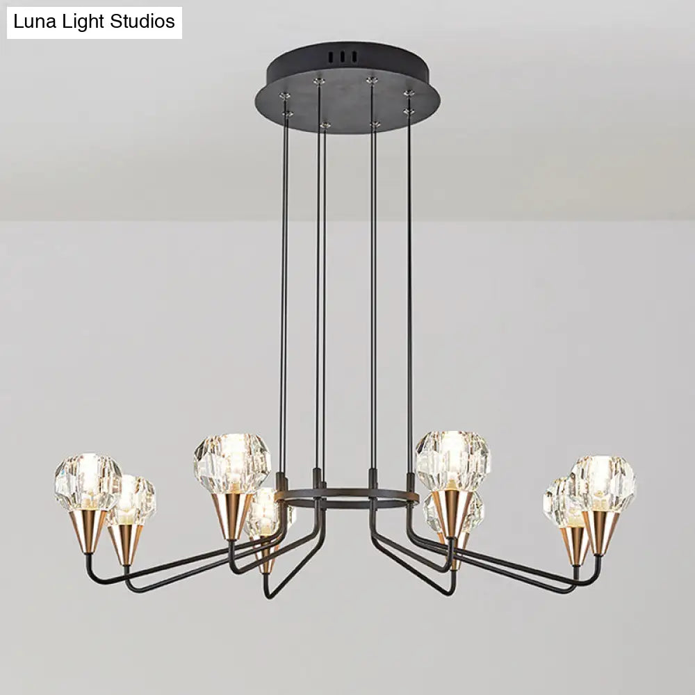 Minimalist Black Chandelier With Round Crystal Shade- 6/8 Bulbs Living Room Suspension Light