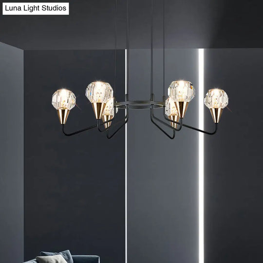 Minimalist Black Chandelier With Round Faceted Crystal Shade - 6/8 Bulb Living Room Suspension Light