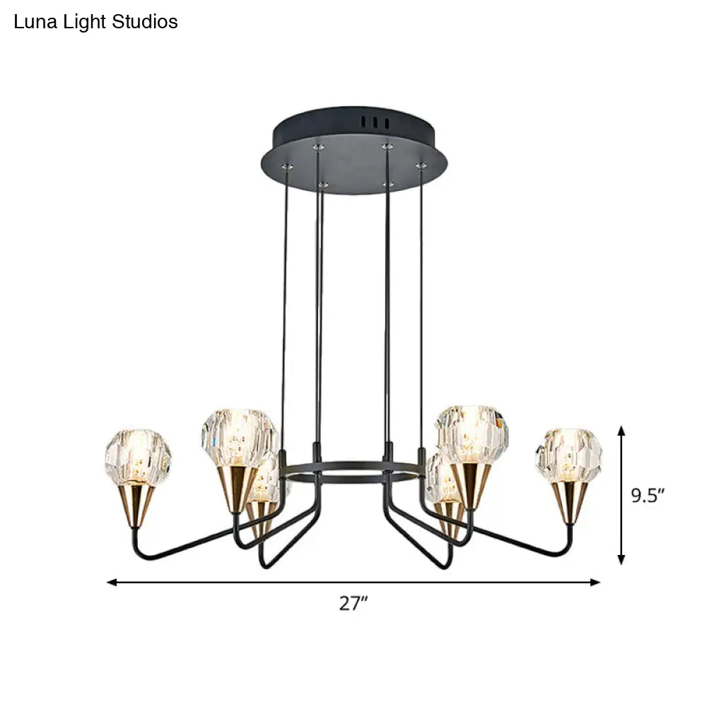 Minimalist Black Chandelier With Round Faceted Crystal Shade - 6/8 Bulb Living Room Suspension Light